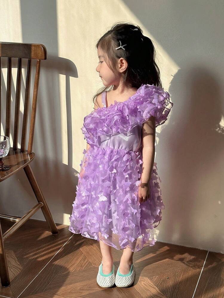 Young Girl One Shoulder 3d Butterfly & Mesh Overlay Dress