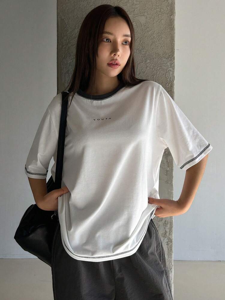 Stitching Decoration Contrast Color Letter Printed Loose Fit Short Sleeve Women's T-Shirt Summer