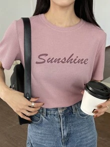 DAZY 女士短袖字母印花圆领纹理宽松夏季 T 恤 - 粉色 - 查看 7