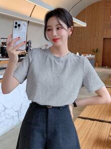 DAZY Áo thun nữ cổ tròn ôm vừa vặn tay ngắn họa tiết kẻ caro, quần áo mùa thu - Đen và trắng - Xem 6