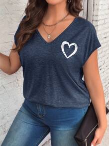 SHEIN LUNE Plus Size Heart Printed Casual T-Shirt For Summer - Navy Blue - View 4