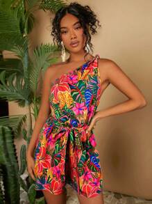 Travachic Women's One Shoulder Tropical Plant Printed Vacation Romper - Multicolor - View 3