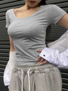 DAZY 女裝修身款圓領t恤 - 灰色 - 查看 8