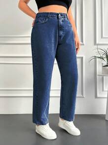EURMUSE Plus High Waist Slant Pocket Jeans - Blue - View 1