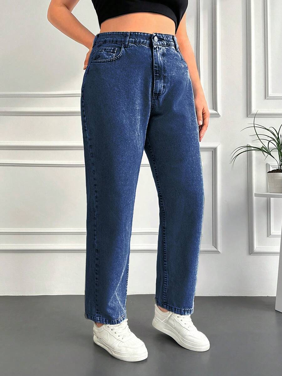 EURMUSE Plus High Waist Slant Pocket Jeans - Blue - View 1