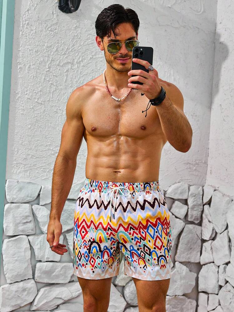 Men's Beach Shorts With All-Over Print And Drawstring Waistband