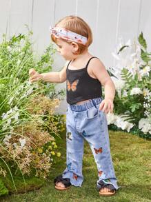 Áo kiểu Cami in hình bướm cho bé gái Y2k và quần ống loe denim co giãn - màu đen - Xem 5