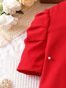 Vestido De Manga Curta Para Meninas Pré-adolescentes Com Decoração De Miçangas, Elegante E Delicado - Vermelho - Visão 3