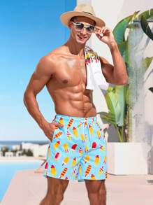 Manfinity Men's Ice Cream Printed Drawstring Waist Beach Shorts - Blue - View 5