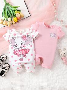 2 Miếng Em bé Cô gái Phim hoạt hình con voi In vết tròn Polka Ngắn Romper Cho mùa hè - Nhiều màu - Xem 1