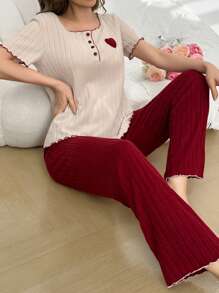 CoupledUp Conjunto De Pijama De Manga Corta Y Pantalón Para Mujer Con Estampado De Patrón De Corazón