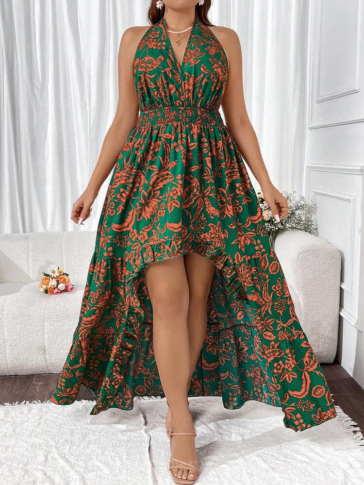 Plus Size Sleeveless High Low Halter Neck Dress