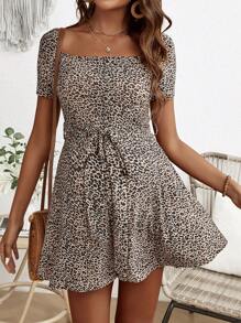 SHEIN Maternity Women's Leopard Print Square Neckline Romper For Summer Vacation