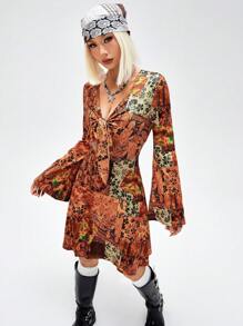SHEIN ICON Vestido Impreso De Campana Con Manga Completa Y Atado Frontal Para Mujer - Multicolor - Ver 3