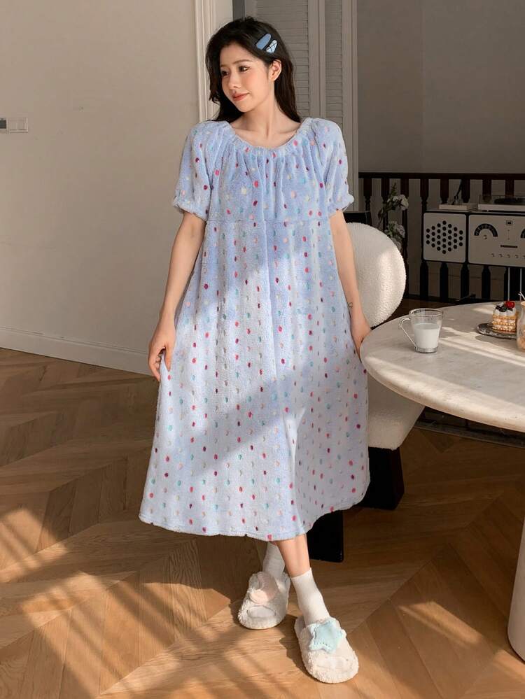 Women's Colorful Polka Dot Coral Fleece Puff Sleeve Sleep Dress Fall,Winter Pajama