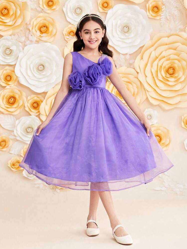 Tween Girl's Sleeveless Asymmetrical Neckline Midi Dress With 3d Flowers, Tulle Fabric