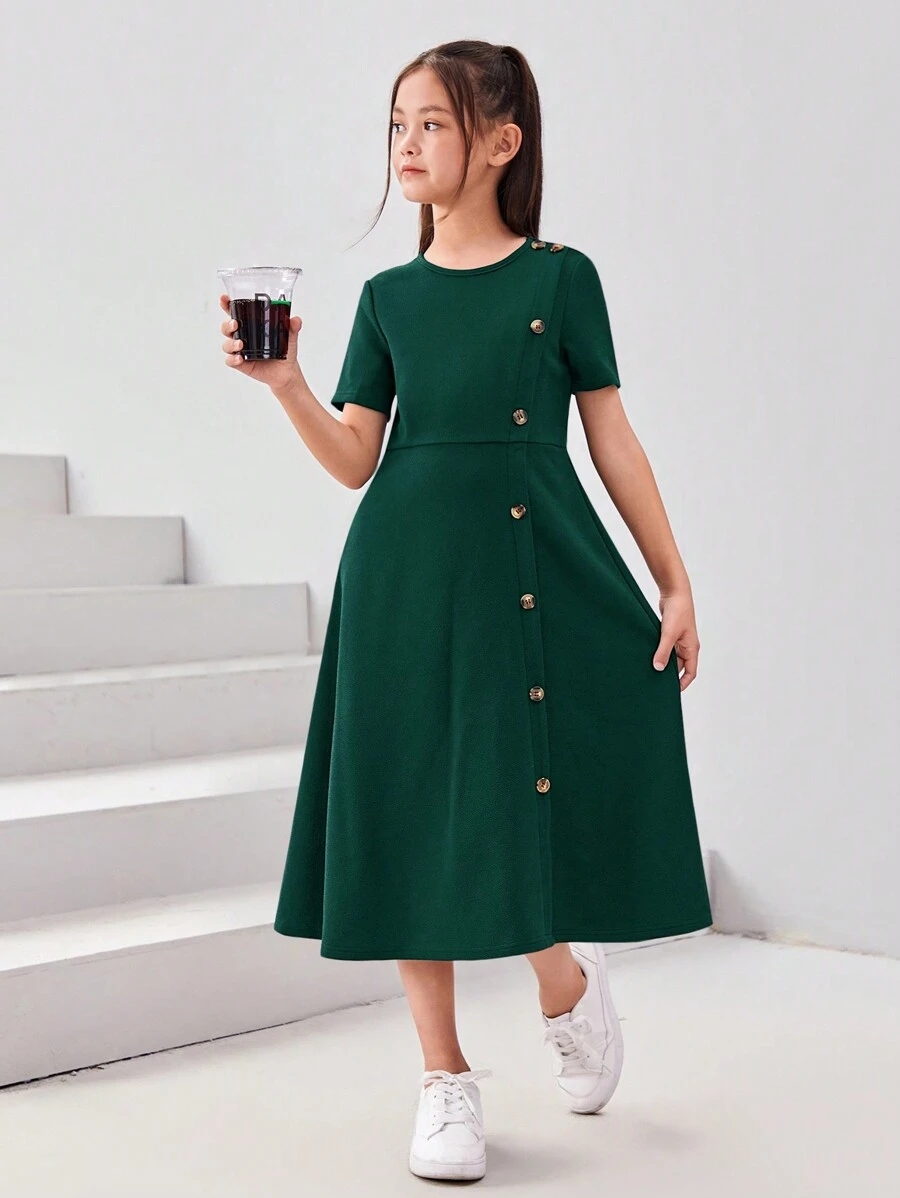 SHEIN Leap Crew Tween Girl Button Decorated Elegant Short Sleeve Round Neck Dress - Green - View 1