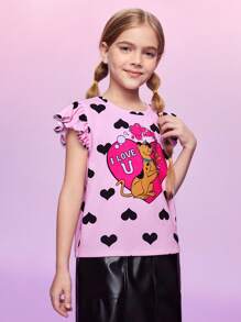 SCOOBY-DOO X SHEIN Playera Con Tira De Volantes, Estampado De Corazón De Dibujos Animados Y Letras Para Niñas Preadolescentes - Multicolor - Ver 6