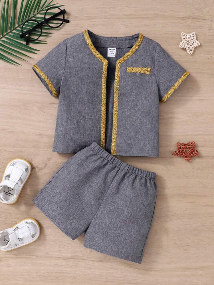 Baby Boy Short Sleeve Patchwork Shirt Elastic Waist Shorts Set