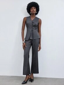 Maija Bộ vest 2 mảnh không tay cổ chữ V bó sát eo hai dây có thể điều chỉnh trang trí khóa kim loại và quần âu ống loe khâu hạt ở giữa phía trước cho nữ mùa xuân/hè - Màu xám đen - Xem 6