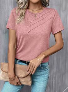 SHEIN LUNE 女裝休閒細節鈕扣圓領t恤 - 藕粉色 - 查看 4
