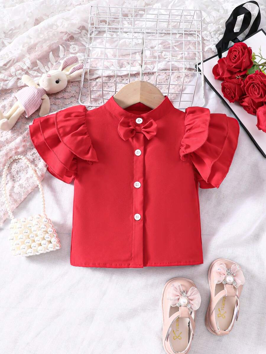 Baby Girl Ruffled Short Sleeve Blouse - Red - View 1