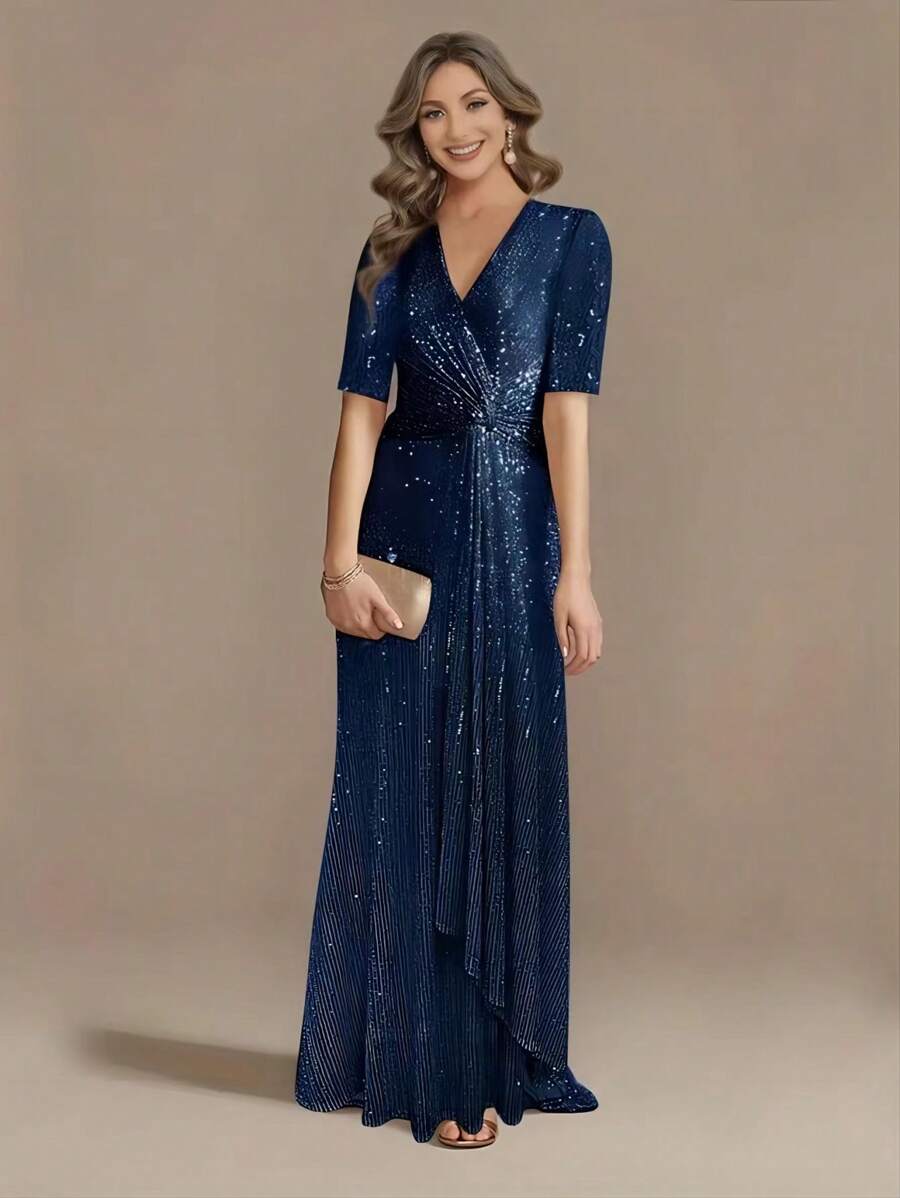 SHEIN Belle Surplice Neck Draped Sequin Dress - Navy Blue - View 1