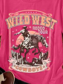 INAWLY Camiseta de mujer de manga corta con estampado de estilo vaquero y gráficos - Rosa Fucsia - Ver 3