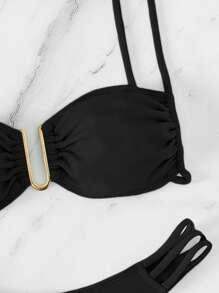 Swim Chiccia Bộ Bikini Màu Trơn Đi Biển Mùa Hè Với Trang Trí Khóa Kim Loại Hình Chữ U Và Rỗng Chi Tiết Lễ Hội - màu đen - Xem 4
