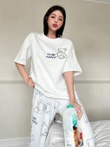 DAZY Cute Bear Pattern Pajama Set - Beige - View 5