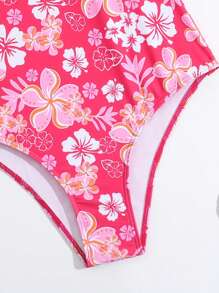 SHEIN 隨機印花和扭結細節的少女單件泳裝 - 玫紅色 - 查看 3