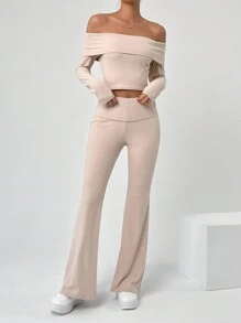 SHEIN EZwear Women's Solid Color Off-Shoulder Long Sleeve T-Shirt And Bell Bottoms Two Pieces Set - Khaki - View 4