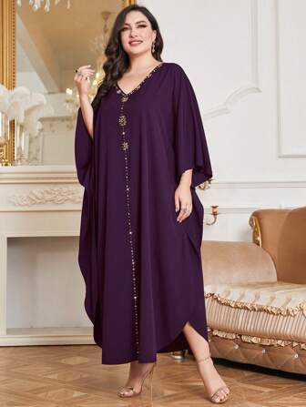 Al Najma 大码女式蝙蝠袖阿拉伯连衣裙，镶有水钻