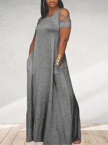 Robe décontractée avec épaules dénudées et poches pour femmes grande taille - Gris - Voir 1