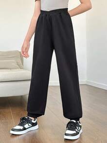 SHEIN Cô gái Tween Dệt kim Màu thuần Lỏng lẻo phù hợp Giải trí Quần Chạy bộ Với dây rút Hem - màu đen - Xem 3