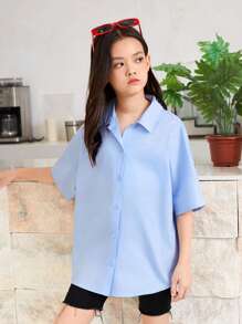 SHEIN Tween 女孩寬鬆休閒字母印花短袖襯衫 - 淺藍色 - 查看 4