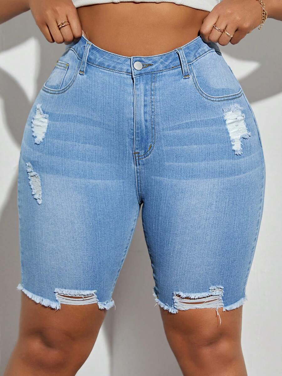 SHEIN SXY Plus Size Women's Distressed Denim Shorts  Summer Outfits For Women Festival Outfits  Casual Biker Shorts