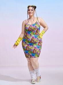 TOM & JERRY X SHEIN Plus Cartoon Graphic Slip Dress - Multicolor - View 3