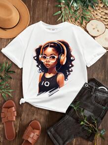 SHEIN Tween Girls' Casual Simple Short Sleeve Round Neck T-Shirt, Suitable For Summer