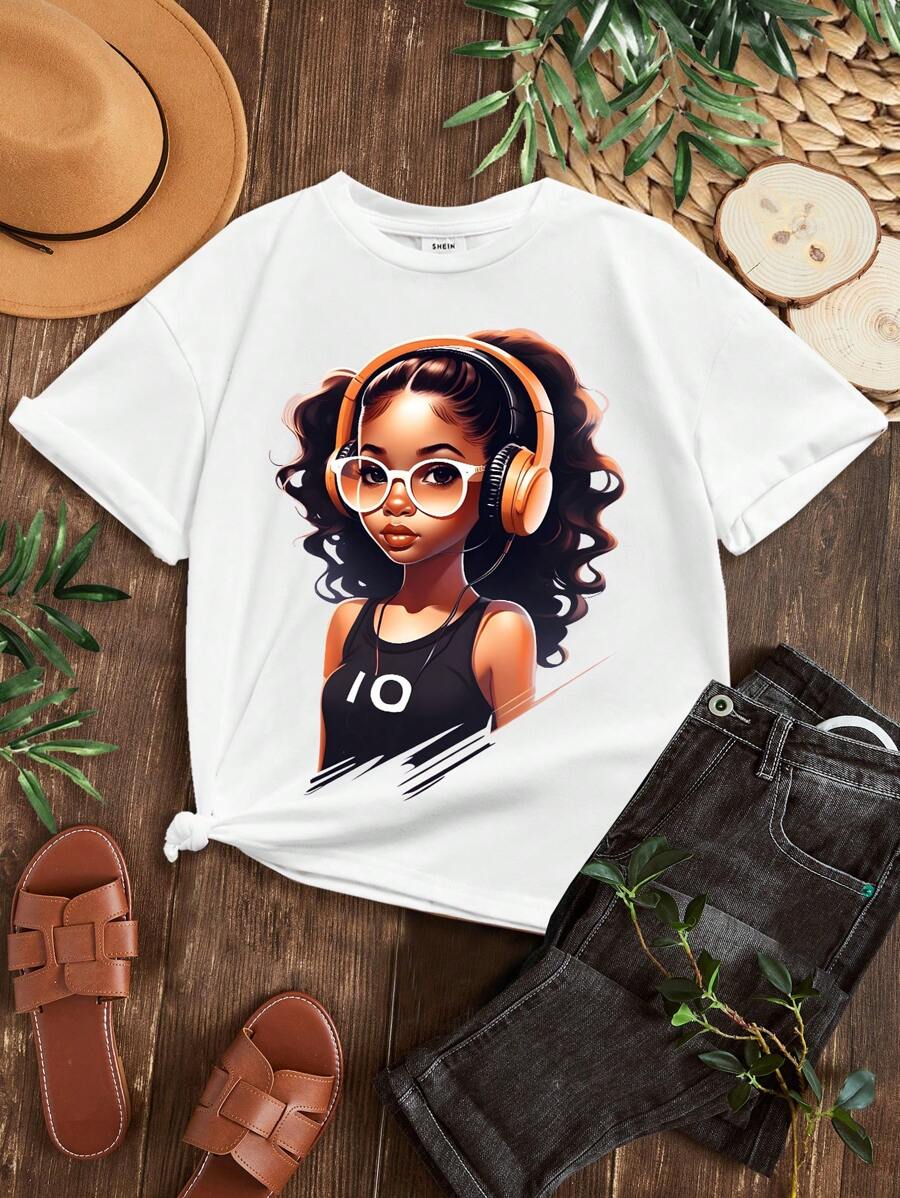 SHEIN Tween Girls' Casual Simple Short Sleeve Round Neck T-Shirt, Suitable For Summer