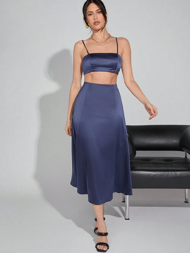 Women Satin Bralette And Skirt Two Pieces Set
