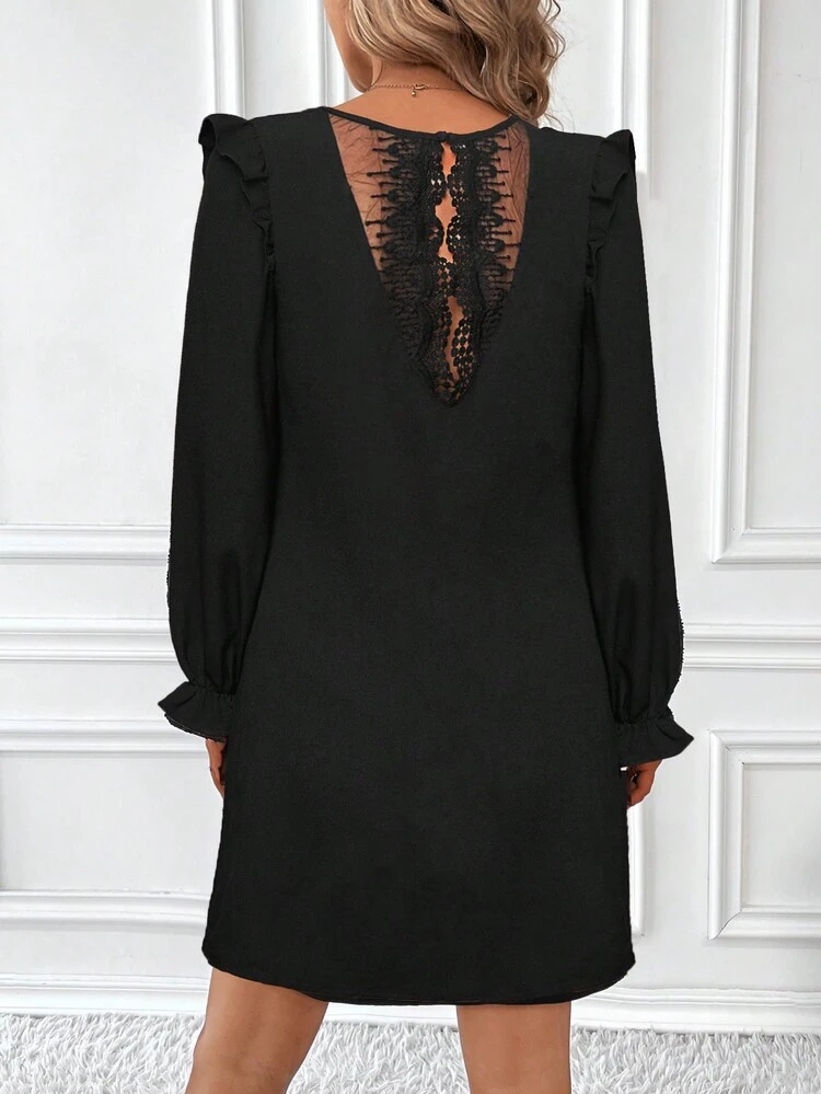 V-Neck Lace Patchwork Dress With Ruffled Sleeves