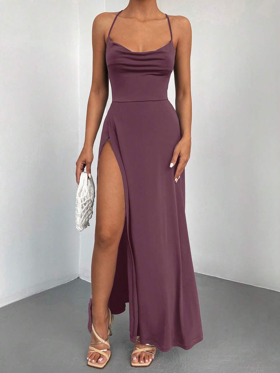 EURMUSE Draped Front Split Thigh Criss Cross Back Cami Dress - Purple - View 1