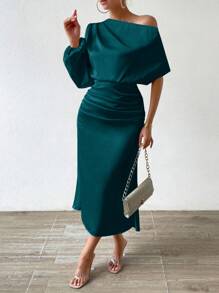 Chiquease Asymmetrical Neckline Satin Dress - Teal Blue - View 5