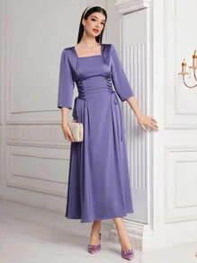 Modelyn Women's Square Neckline Side Tie Dress - Purple - View 6