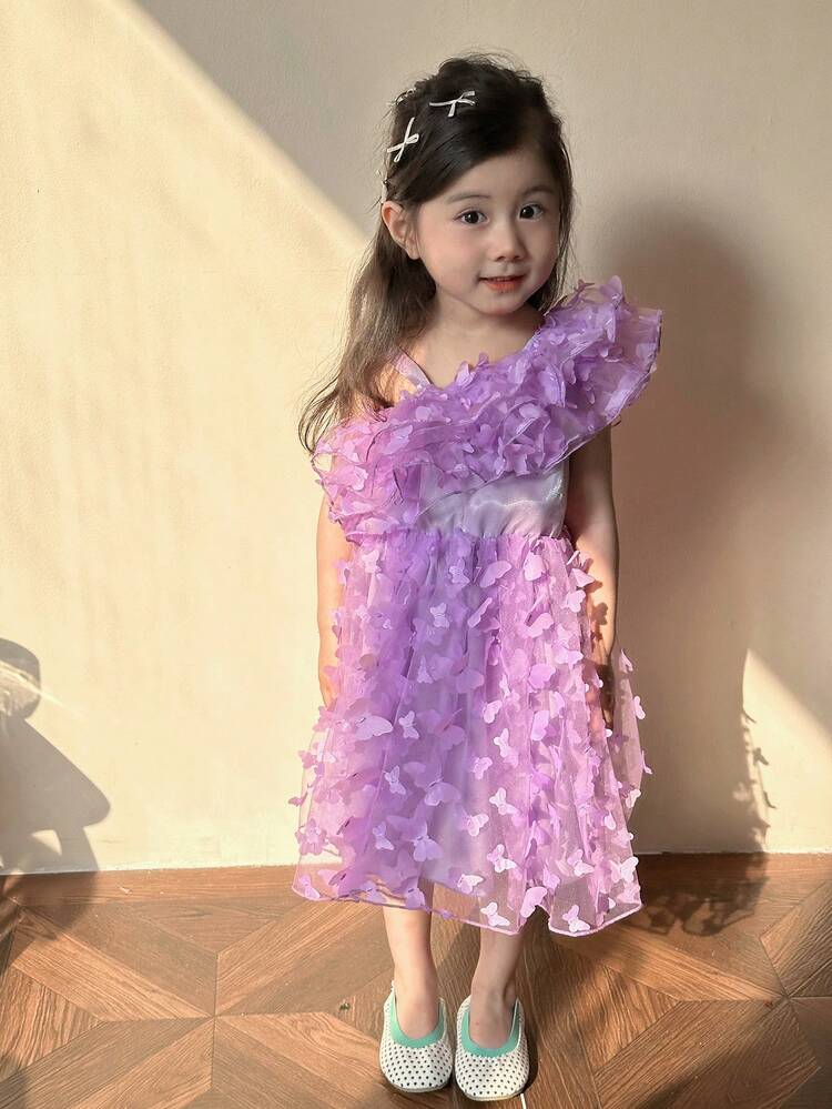 Young Girl One Shoulder 3d Butterfly & Mesh Overlay Dress
