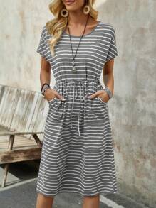 Women's Striped Drawstring Waist Slant Pocket Casual Dress For Summer - Light Grey - View 3