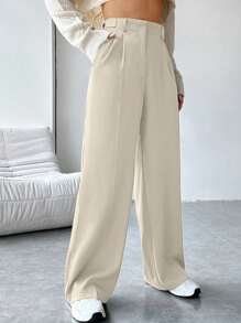 SHEIN EZwear 秋冬高腰阔腿西装裤 - 杏色 - 查看 5