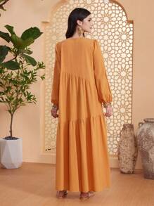 Seusyu 女性圓領燈籠袖阿拉伯風格連衣裙 - 黃色 - 查看 4