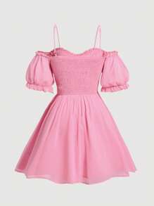 SHEIN MOD Plus Size Women's Off Shoulder Pleated Dress - Pink - View 2